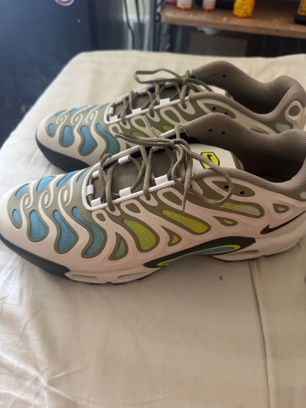 Nike White Sneakers with Blue and Lime Accents and Gray Collar